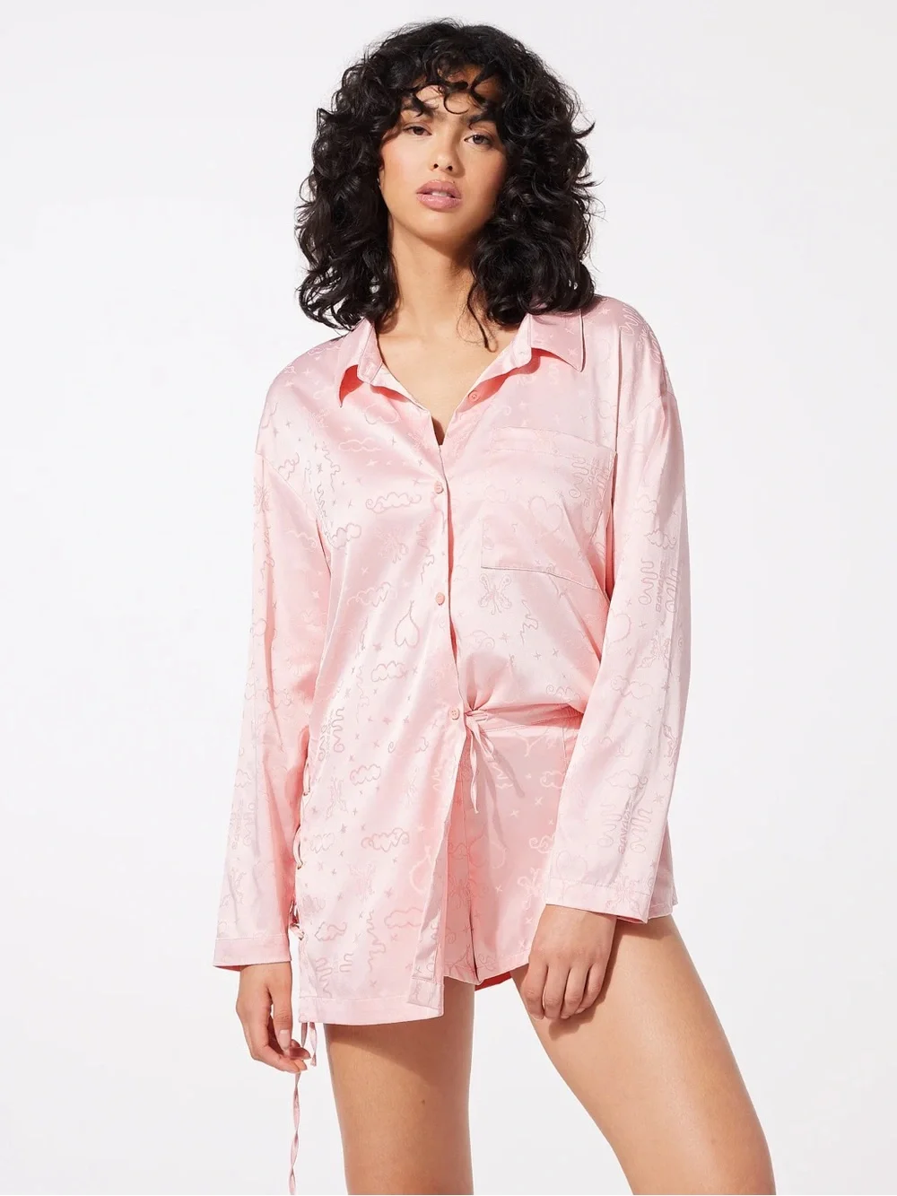 Savage X Fenty Heavenly Satin Sleep Shirt - Pink Floral Jacquard Pajama Top XL